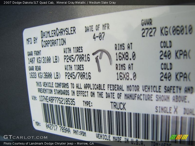 Mineral Gray Metallic / Medium Slate Gray 2007 Dodge Dakota SLT Quad Cab