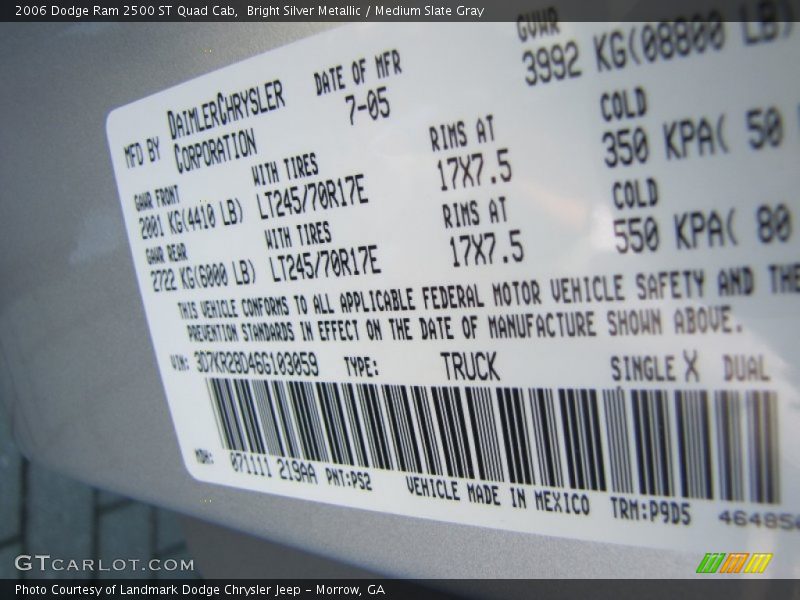 2006 Ram 2500 ST Quad Cab Bright Silver Metallic Color Code PS2