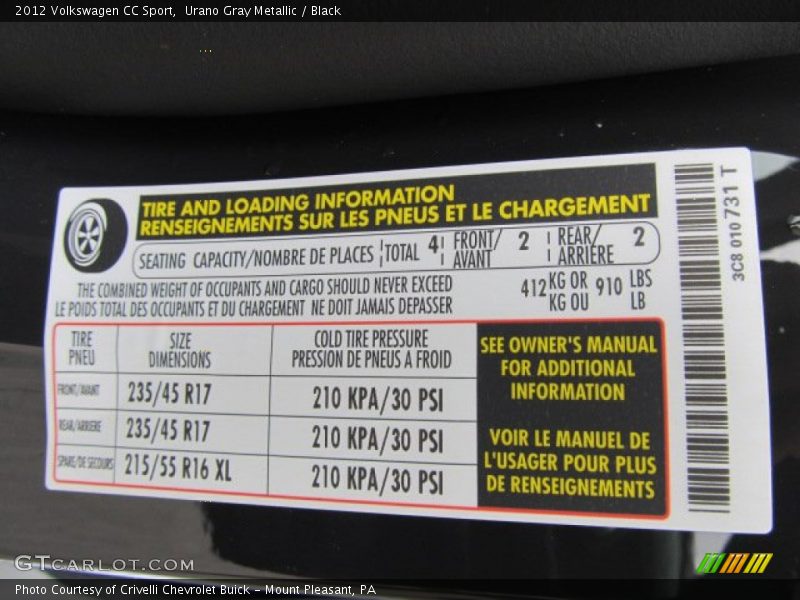 Urano Gray Metallic / Black 2012 Volkswagen CC Sport