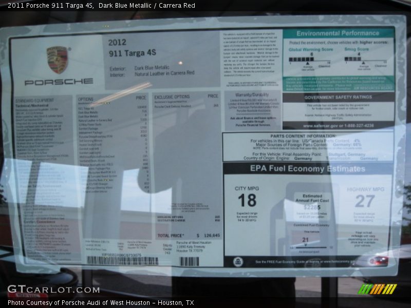 2011 911 Targa 4S Window Sticker