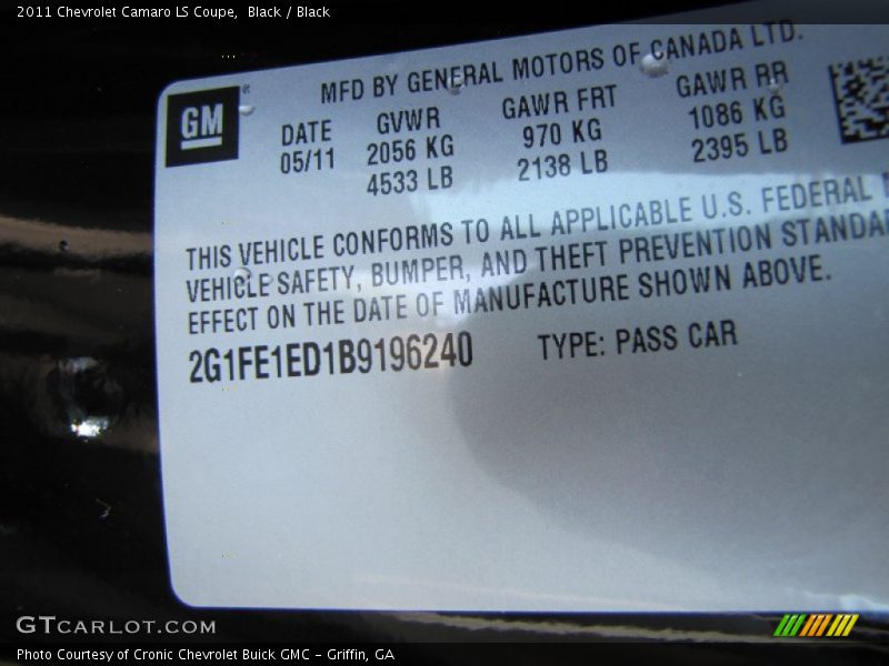 Black / Black 2011 Chevrolet Camaro LS Coupe