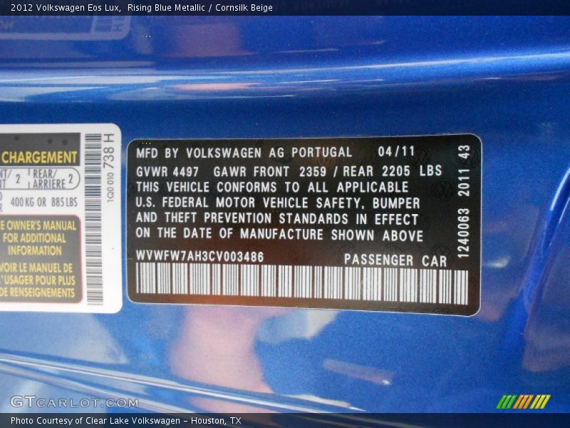 Info Tag of 2012 Eos Lux