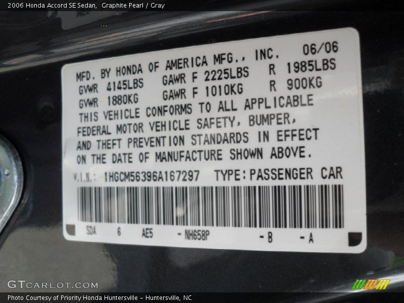 Graphite Pearl / Gray 2006 Honda Accord SE Sedan