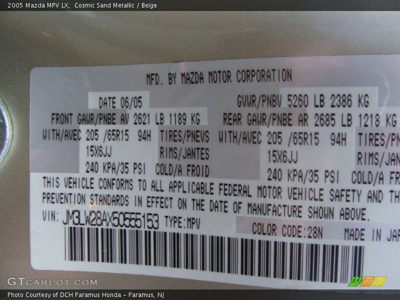 2005 MPV LX Cosmic Sand Metallic Color Code 28N