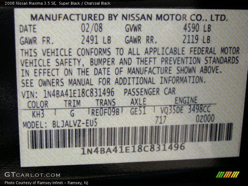 Super Black / Charcoal Black 2008 Nissan Maxima 3.5 SE