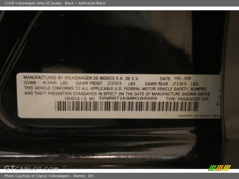 Black / Anthracite Black 2008 Volkswagen Jetta SE Sedan
