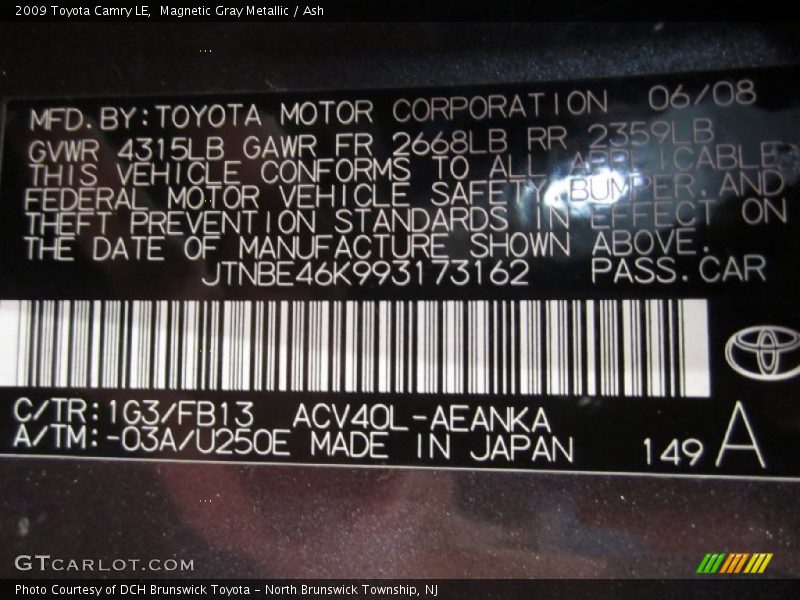 Magnetic Gray Metallic / Ash 2009 Toyota Camry LE