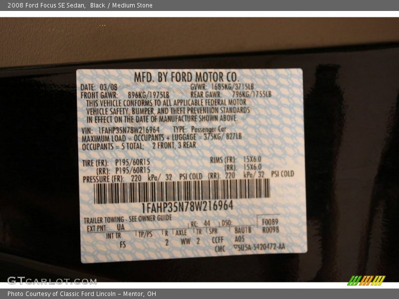 Black / Medium Stone 2008 Ford Focus SE Sedan