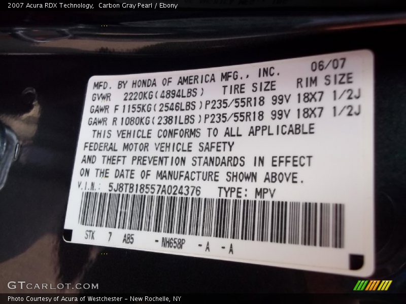 Carbon Gray Pearl / Ebony 2007 Acura RDX Technology