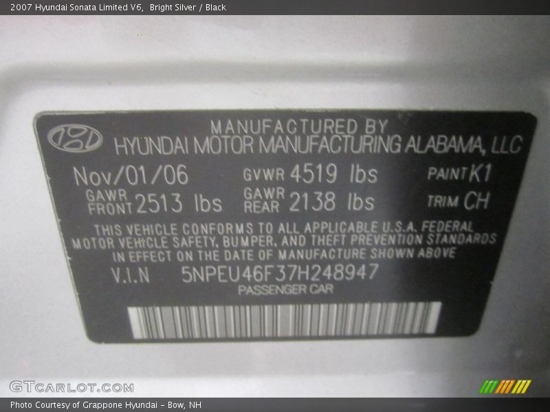 Bright Silver / Black 2007 Hyundai Sonata Limited V6