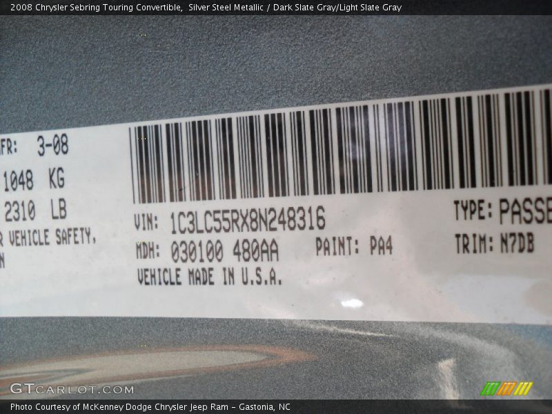 Silver Steel Metallic / Dark Slate Gray/Light Slate Gray 2008 Chrysler Sebring Touring Convertible