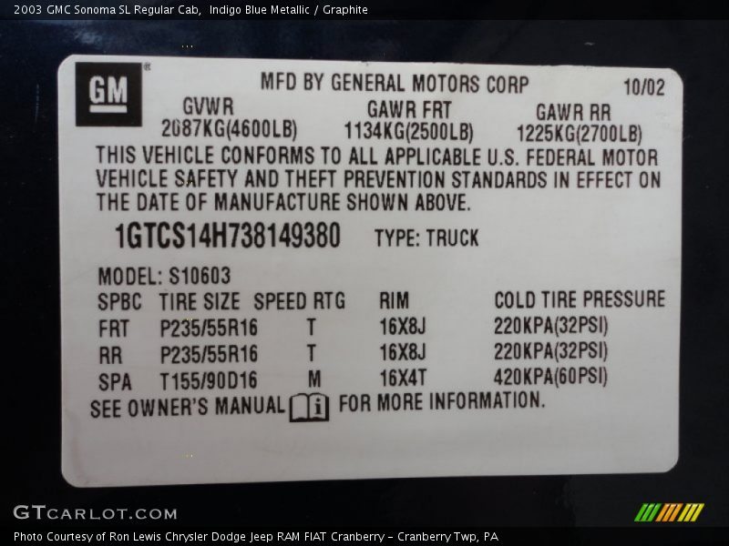 Info Tag of 2003 Sonoma SL Regular Cab