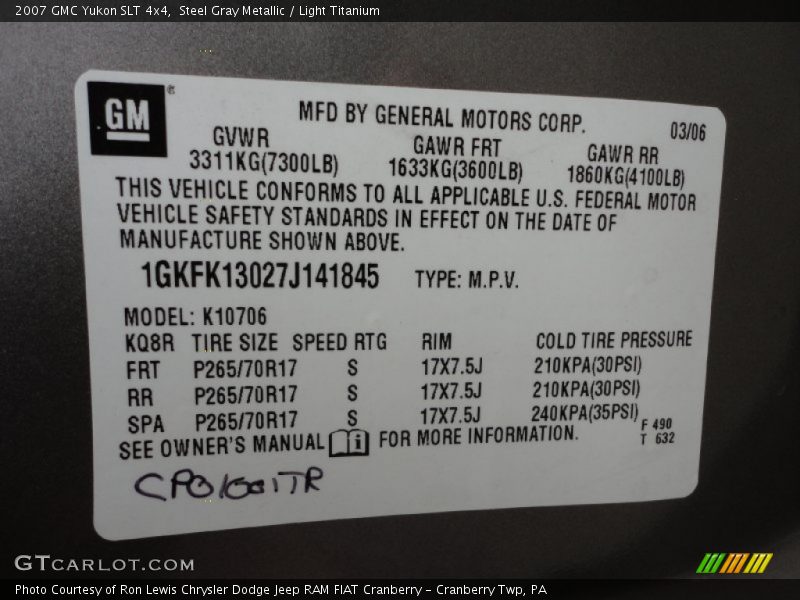 Info Tag of 2007 Yukon SLT 4x4