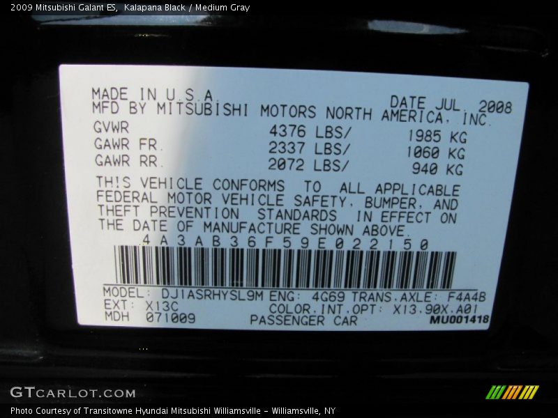 Kalapana Black / Medium Gray 2009 Mitsubishi Galant ES