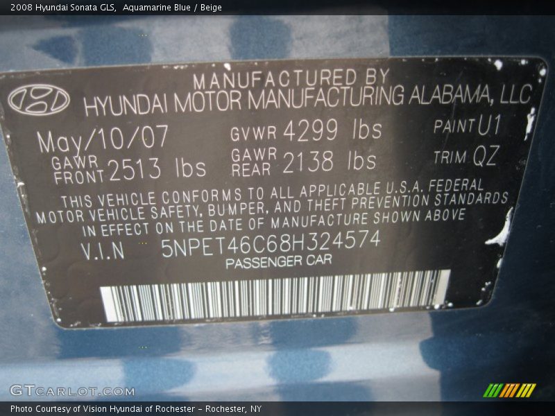 Aquamarine Blue / Beige 2008 Hyundai Sonata GLS