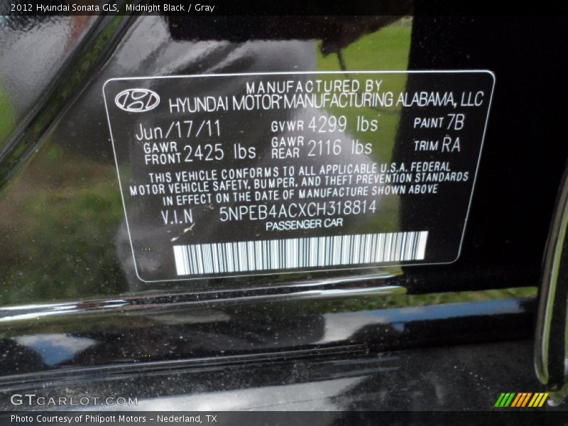 Info Tag of 2012 Sonata GLS