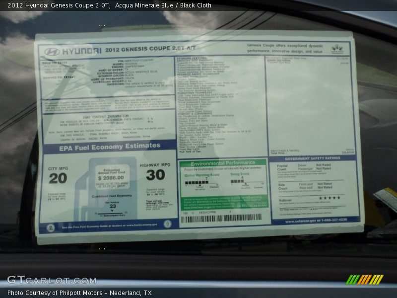  2012 Genesis Coupe 2.0T Window Sticker