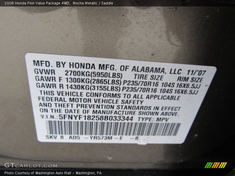Mocha Metallic / Saddle 2008 Honda Pilot Value Package 4WD
