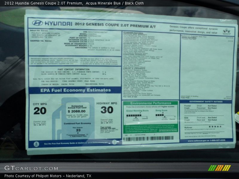 Acqua Minerale Blue / Black Cloth 2012 Hyundai Genesis Coupe 2.0T Premium