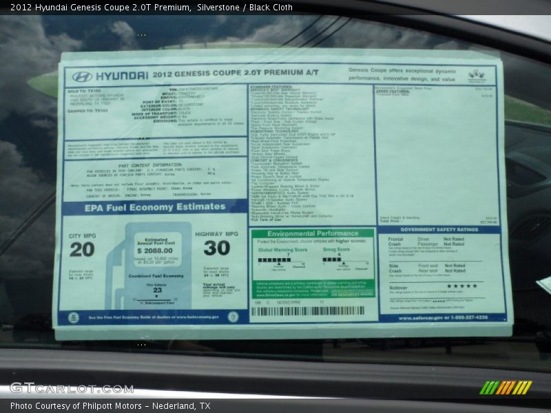  2012 Genesis Coupe 2.0T Premium Window Sticker