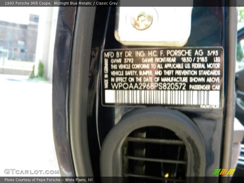 Info Tag of 1993 968 Coupe