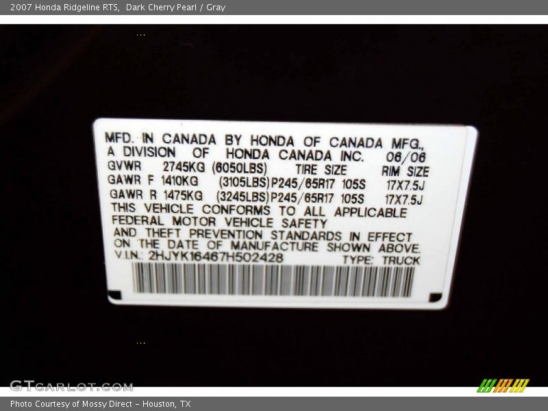 Dark Cherry Pearl / Gray 2007 Honda Ridgeline RTS