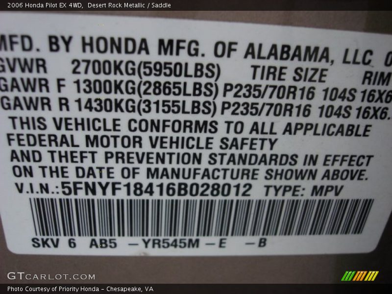 Desert Rock Metallic / Saddle 2006 Honda Pilot EX 4WD
