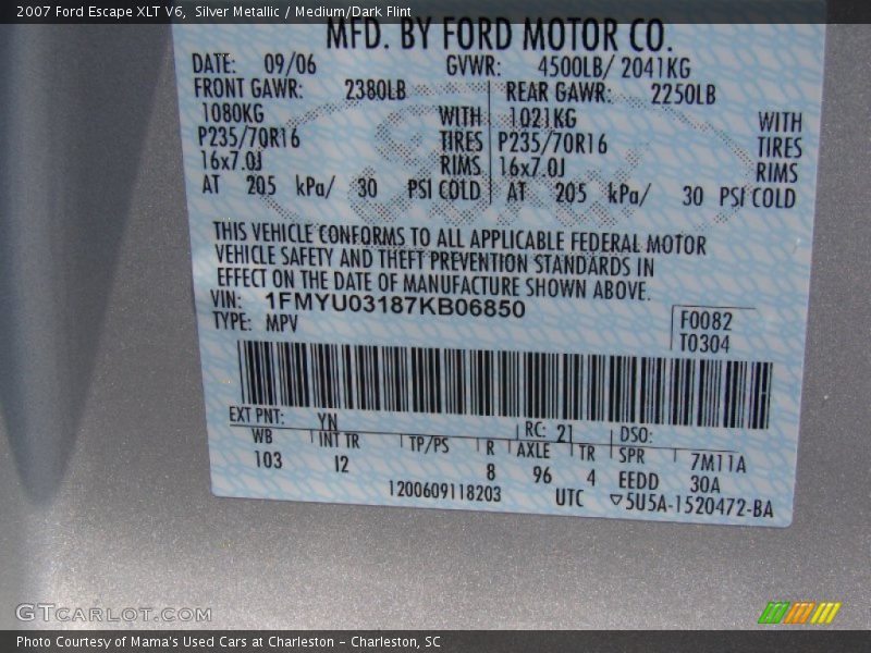 Silver Metallic / Medium/Dark Flint 2007 Ford Escape XLT V6