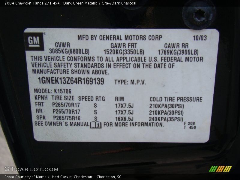 Dark Green Metallic / Gray/Dark Charcoal 2004 Chevrolet Tahoe Z71 4x4