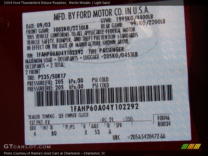 2004 Thunderbird Deluxe Roadster Merlot Metallic Color Code FX