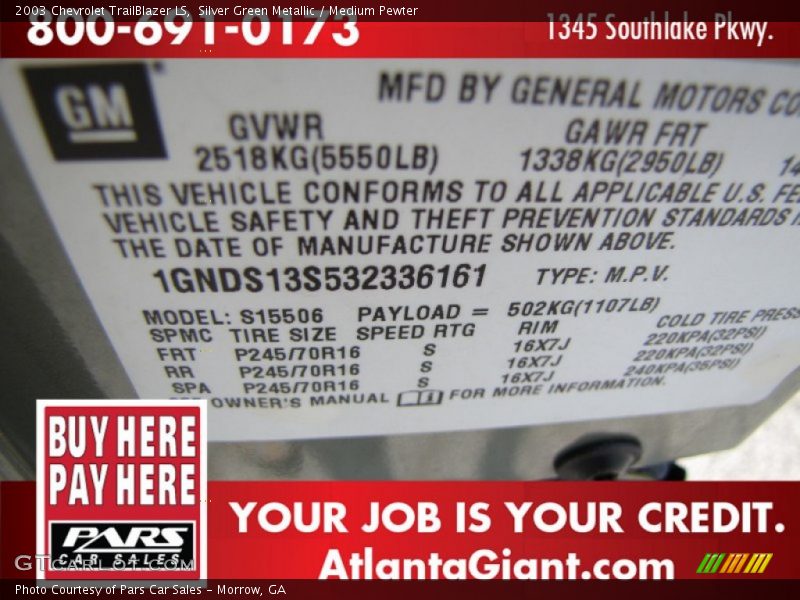 Silver Green Metallic / Medium Pewter 2003 Chevrolet TrailBlazer LS