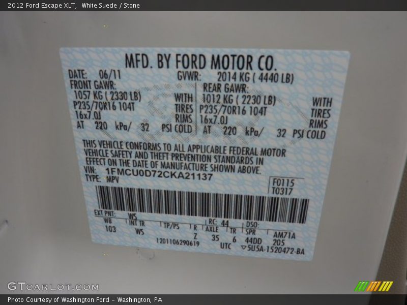 2012 Escape XLT White Suede Color Code WS