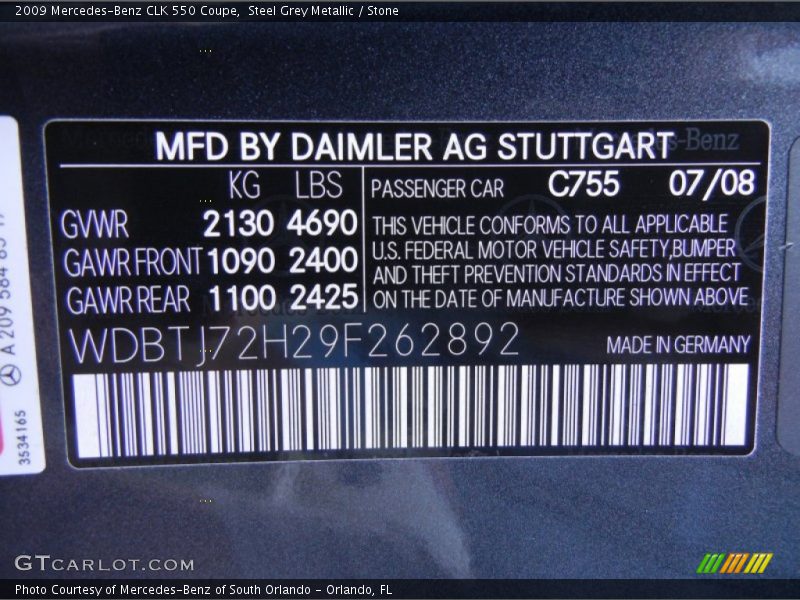 2009 CLK 550 Coupe Steel Grey Metallic Color Code 755