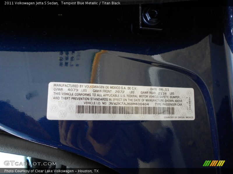 Tempest Blue Metallic / Titan Black 2011 Volkswagen Jetta S Sedan