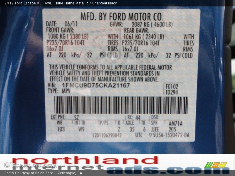 Blue Flame Metallic / Charcoal Black 2012 Ford Escape XLT 4WD