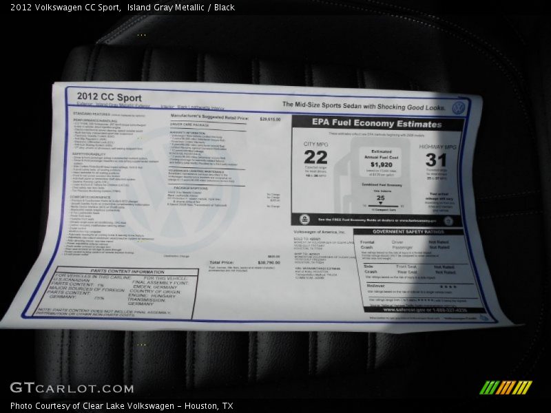 Island Gray Metallic / Black 2012 Volkswagen CC Sport