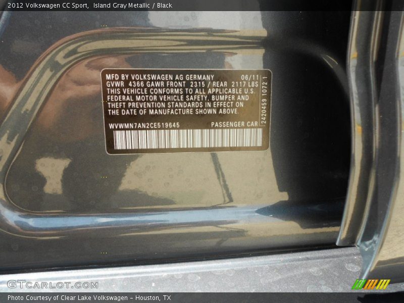 Island Gray Metallic / Black 2012 Volkswagen CC Sport
