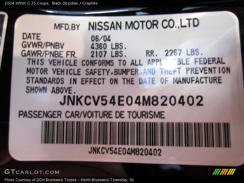 Black Obsidian / Graphite 2004 Infiniti G 35 Coupe