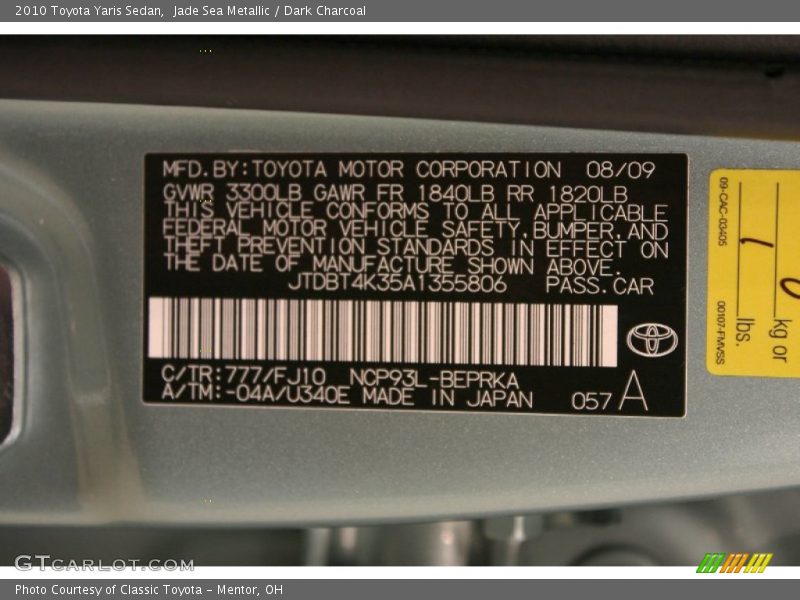 Jade Sea Metallic / Dark Charcoal 2010 Toyota Yaris Sedan