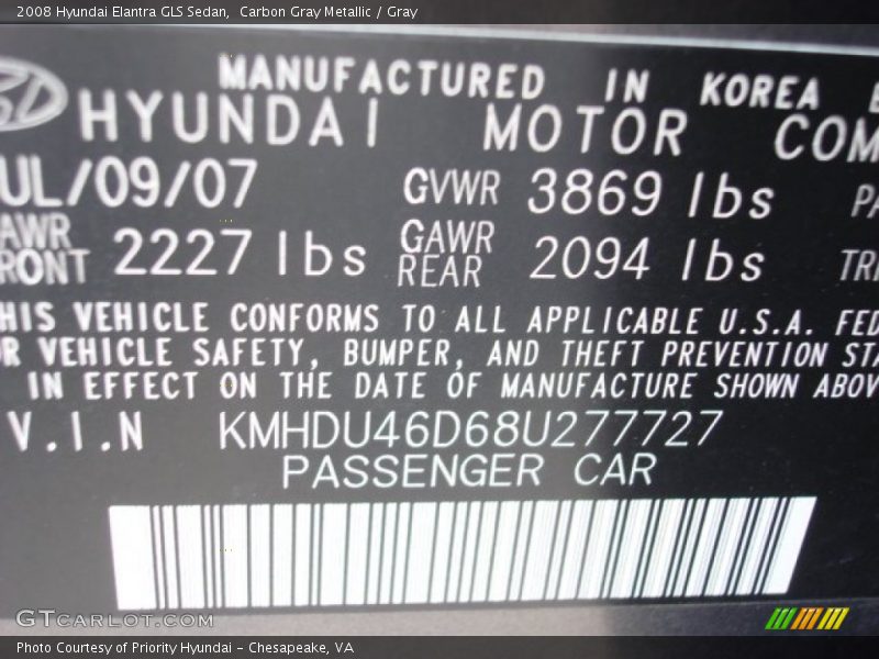 Carbon Gray Metallic / Gray 2008 Hyundai Elantra GLS Sedan