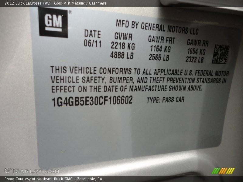 Info Tag of 2012 LaCrosse FWD