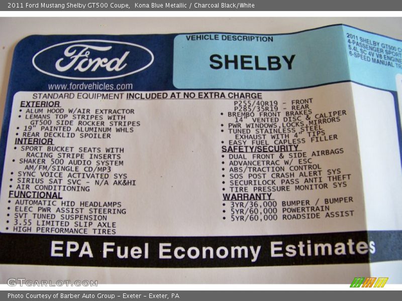 Kona Blue Metallic / Charcoal Black/White 2011 Ford Mustang Shelby GT500 Coupe