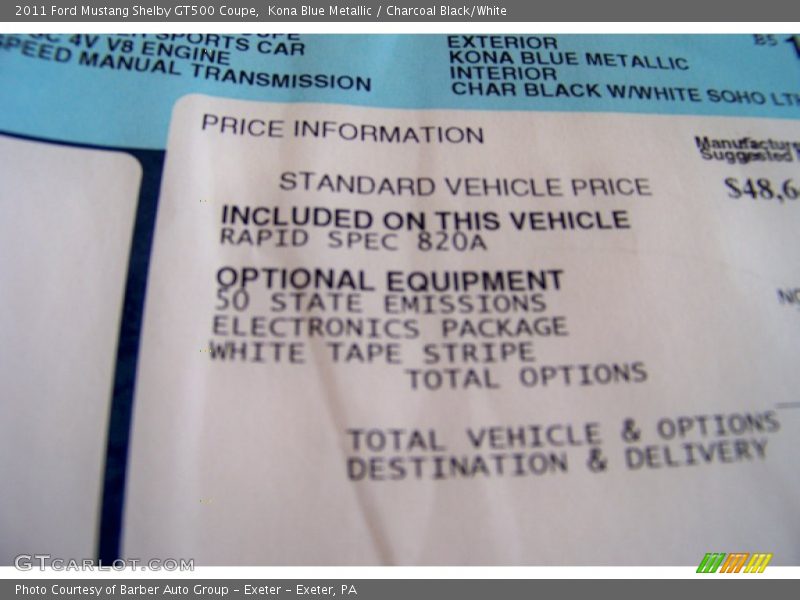 Kona Blue Metallic / Charcoal Black/White 2011 Ford Mustang Shelby GT500 Coupe