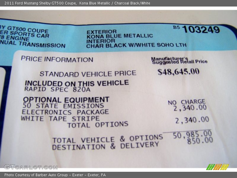 Kona Blue Metallic / Charcoal Black/White 2011 Ford Mustang Shelby GT500 Coupe
