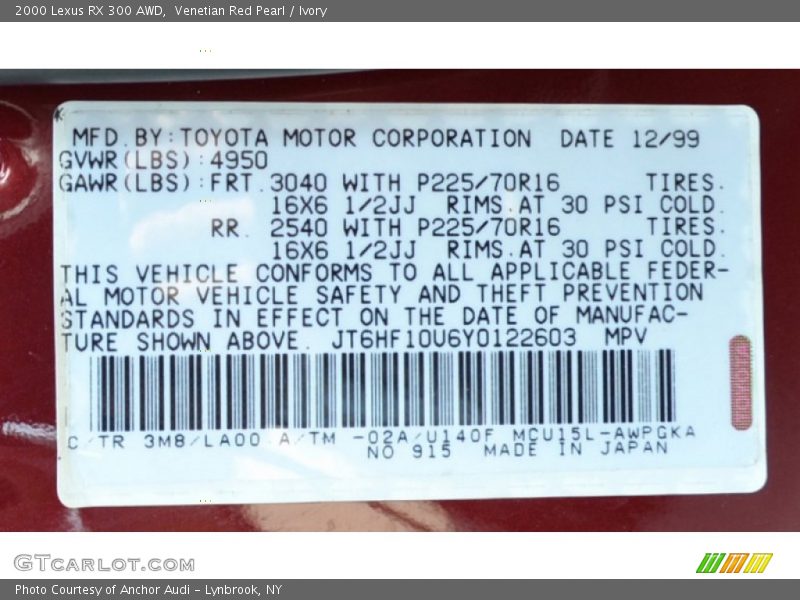 Venetian Red Pearl / Ivory 2000 Lexus RX 300 AWD