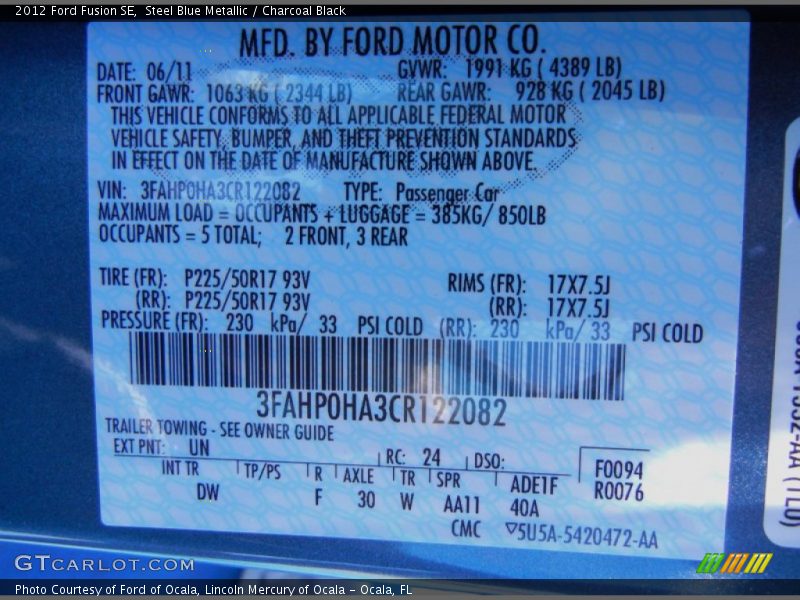 Steel Blue Metallic / Charcoal Black 2012 Ford Fusion SE