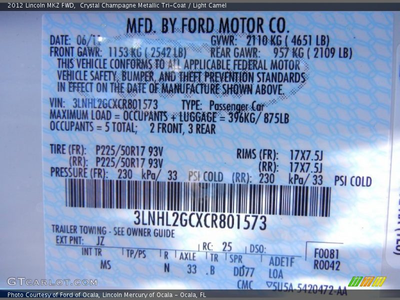 2012 MKZ FWD Crystal Champagne Metallic Tri-Coat Color Code JZ