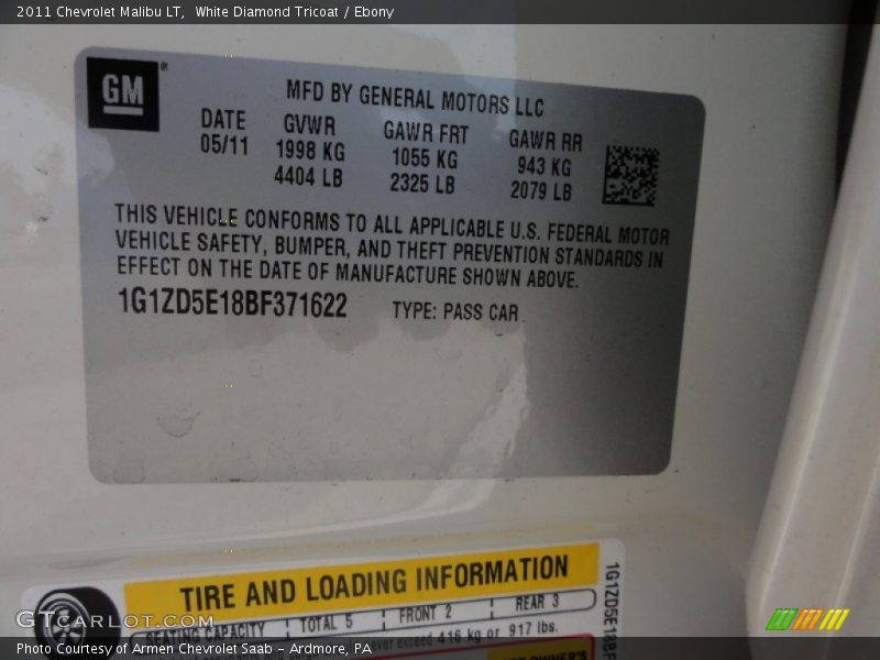 White Diamond Tricoat / Ebony 2011 Chevrolet Malibu LT