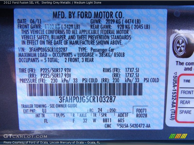 2012 Fusion SEL V6 Sterling Grey Metallic Color Code UJ