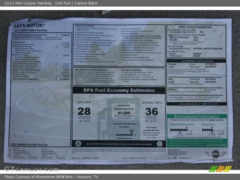 Chili Red / Carbon Black 2011 Mini Cooper Hardtop